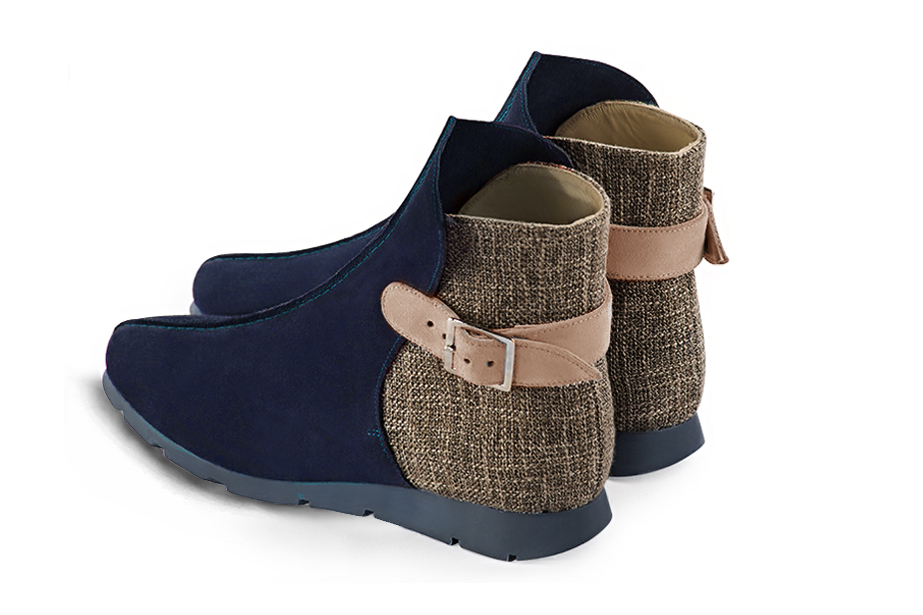 Midnight blue, dark brown and biscuit beige women's ankle boots with buckles at the back. Round toe. Flat rubber soles. Rear view - Florence KOOIJMAN